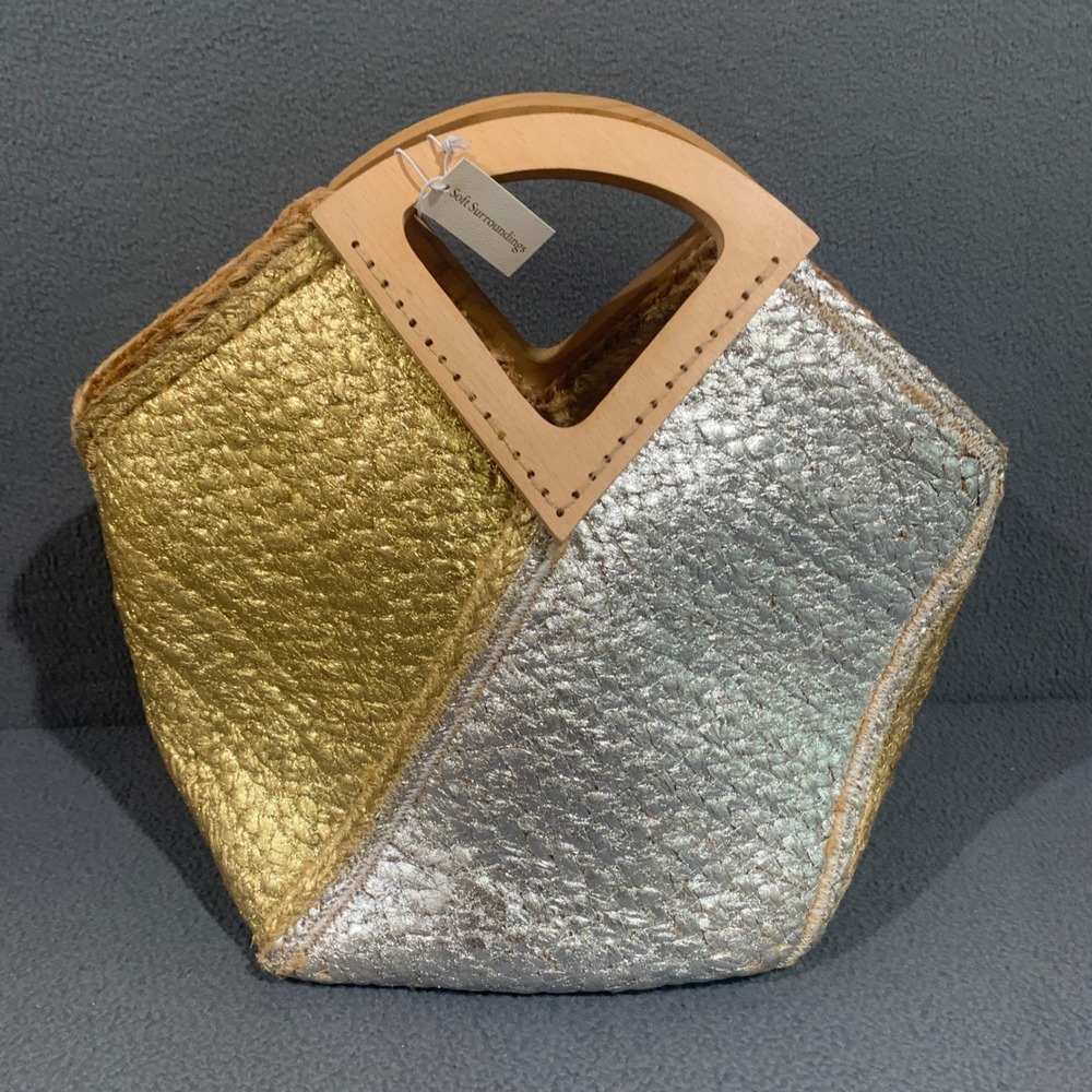 Shiraleah Chicago Soft Surroundings Metallic Jute Tote Bag Wood Handle Artisnal‎